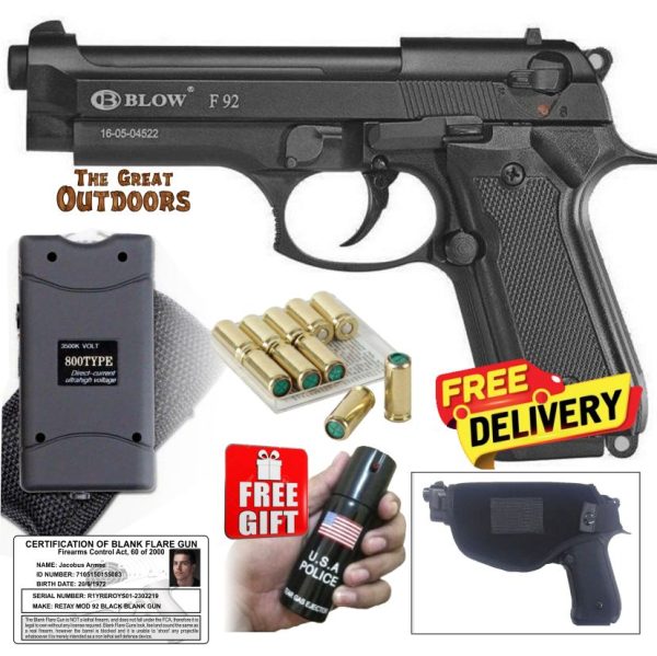 Blow F92 Beretta Blank Gun with 10 Blanks, Holster and 3,8 Mil Volts Stun Gun