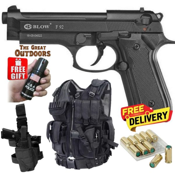 Blow F92 Black Beretta Blank Gun with 10 Blanks, Leg Holster and Tactical Vest