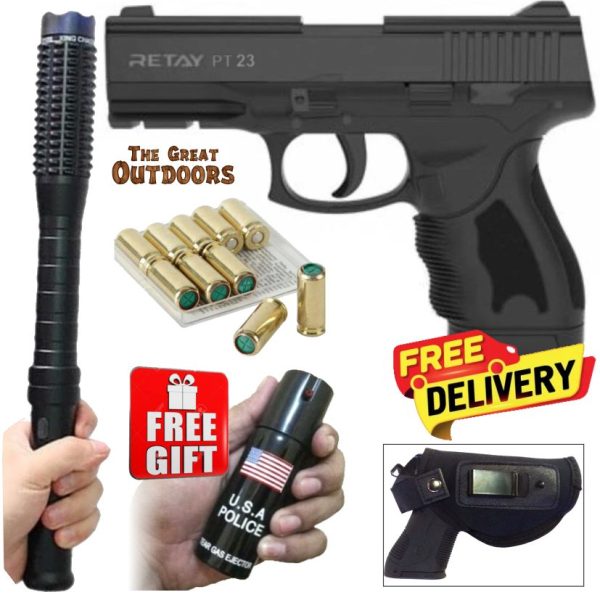 Retay PT23 Blank Gun with 10 Blanks, Holster and Studded Baton Shocker Flashlight