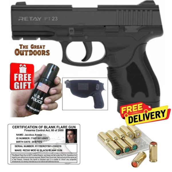 Retay PT23 Blank Gun with 10 Blank Rounds, 3 Pepper Rounds and Holster