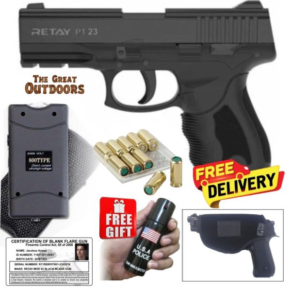 Retay PT23 Blank Gun with 10 Blanks, Holster and 3,8 Mil Volts Stun Gun