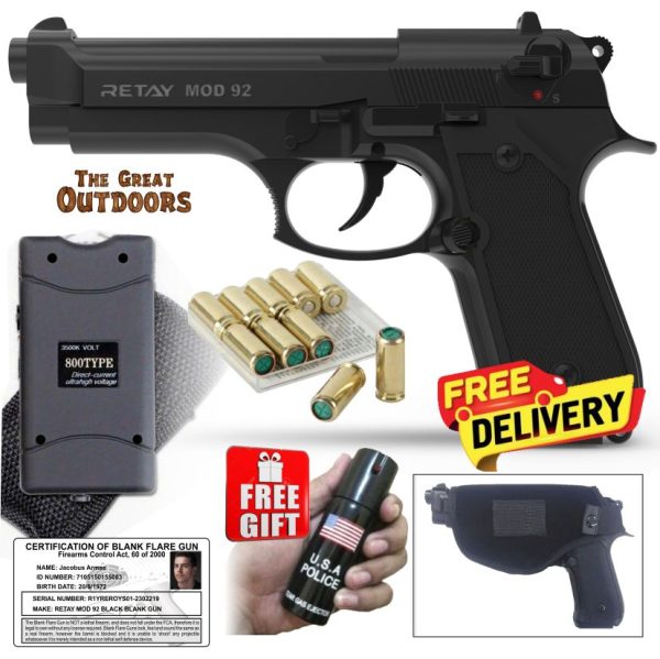 Retay MOD 92 Black Blank Gun with 10 Blanks, Holster and 3,8 Mil Volts Stun Gun