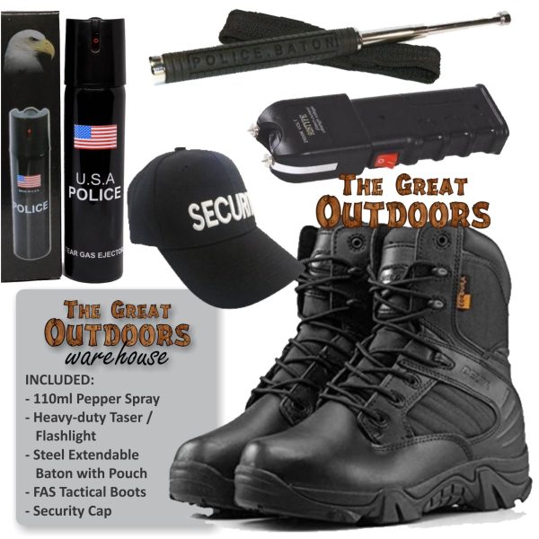 Security Combo (FAS Tactical Boots, 110ml Pepper Spray, Heavy-duty Taser, Extendable Baton, Security Cap)
