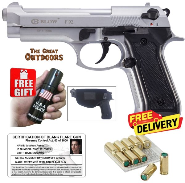 Blow F92 Matt Silver Beretta Blank Gun with 25 Blanks and Holster