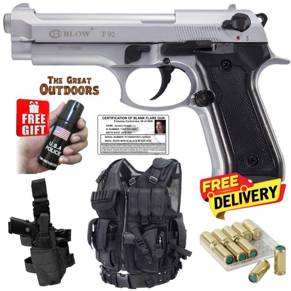 Blow F92 Matt Silver Beretta Blank Gun with 10 Blanks, Leg Holster and Tactical Vest