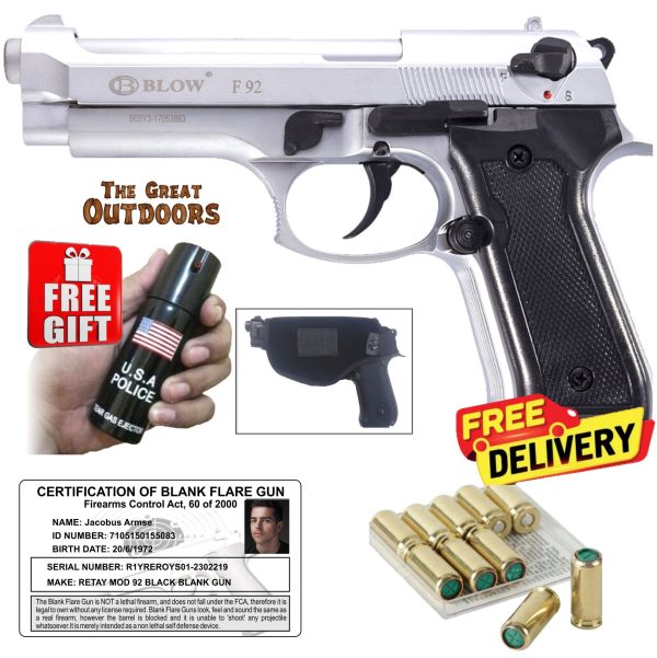 Blow F92 Shiny Silver Beretta Blank Gun with 25 Blanks and Holster