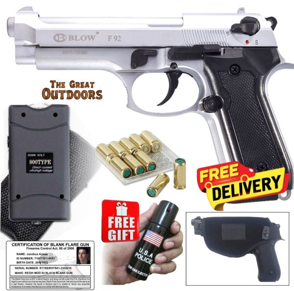 Blow F92 Shiny Silver Beretta Blank Gun with 10 Blanks, Holster and 3,8 Mil Volts Stun Gun