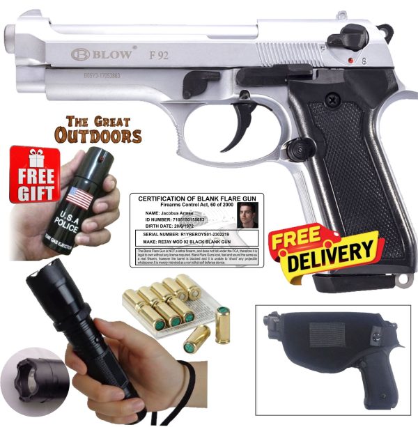 Blow F92 Shiny Silver Beretta Blank Gun  with 10 Blank Rounds, Holster and Taser/Torch