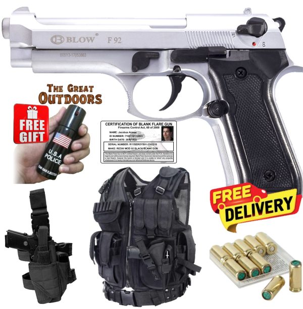 Blow F92 Shiny Silver Beretta Blank Gun with 10 Blanks, Leg Holster and Tactical Vest