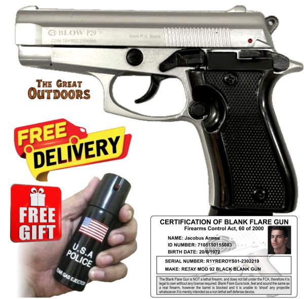 Blow P29 Shiny Silver Mini Beretta Blank Gun with 10 Blank Rounds and Holster