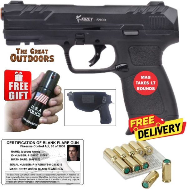 Kuzey S900 Self Defense Pepper Blank Gun with 10 Blank Rounds and Holster