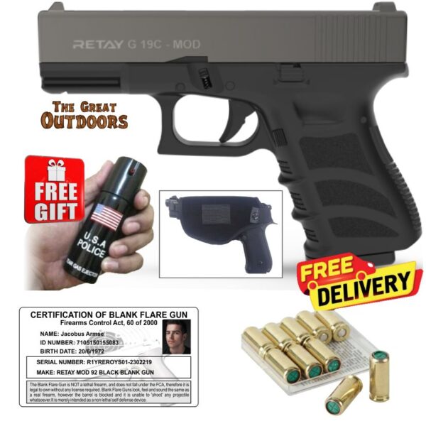 Kuzey GN19 Black and Grey Self Defense Pepper Blank Gun with 25 Blank Rounds and Holster
