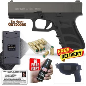 Kuzey GN19 Black and Grey Self Defense Pepper Blank Gun with 10 Blank Rounds, Holster and 3,8 Mil Volts Stun Gun