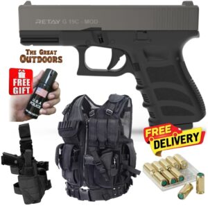 Kuzey GN19 Black and Grey Self Defense Pepper Blank Gun with 10 Blanks, Leg Holster and Tactical Vest