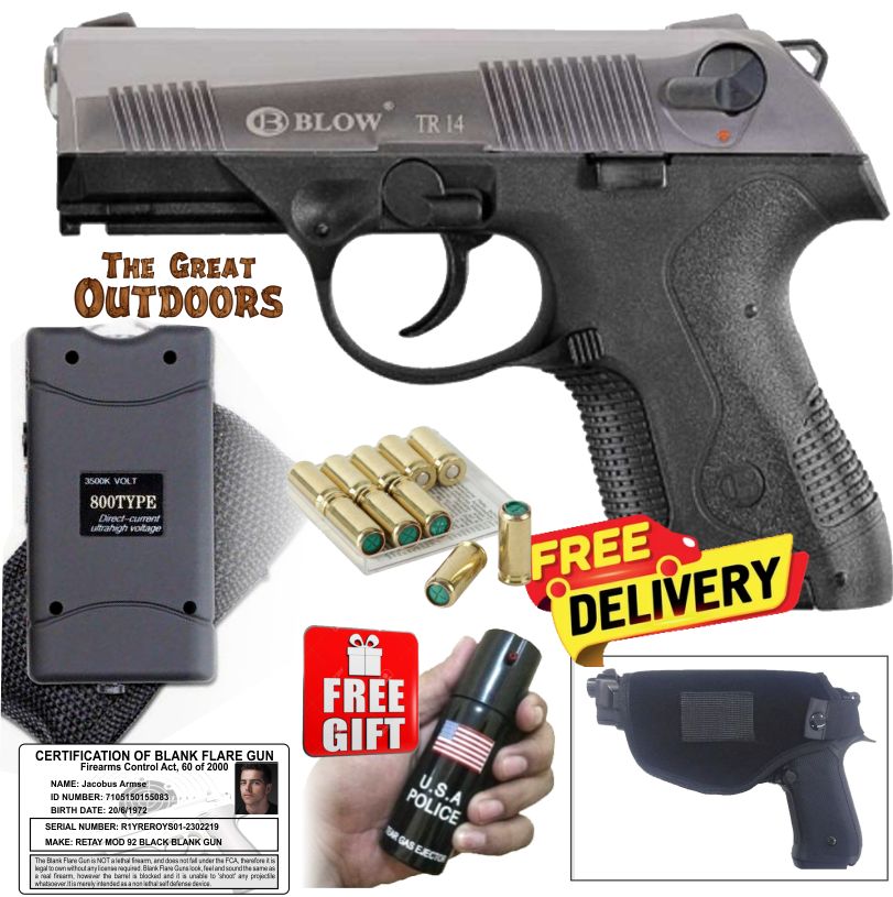 Blow TR14 Fume Blank Gun with 10 Blank Rounds, Holster and 3,8 Mil Volts Stun Gun